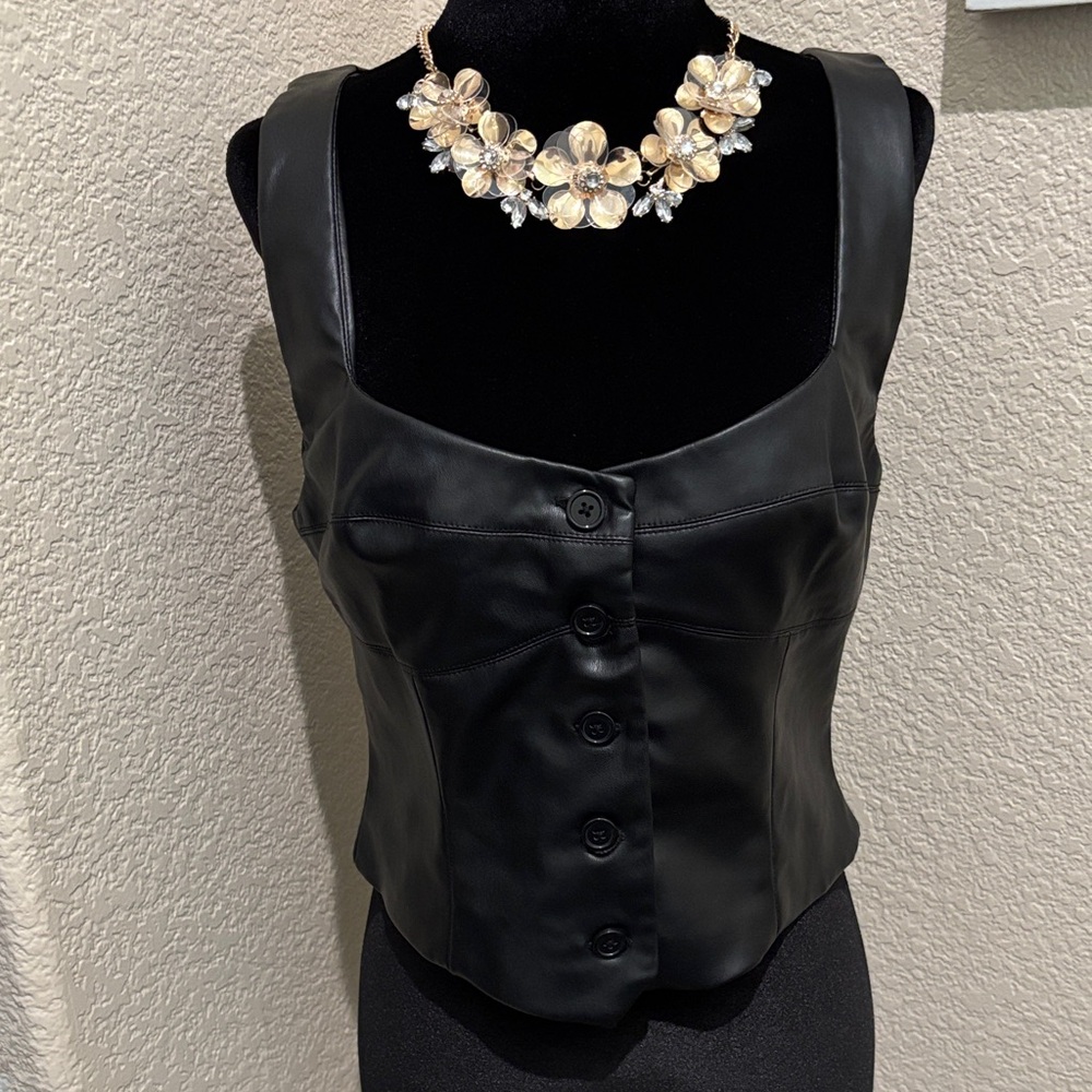 Zara Black Leather Button-Up Top